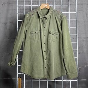 Olive Green Button Down Shirt Embroidered Shoulder Detail Western Style military